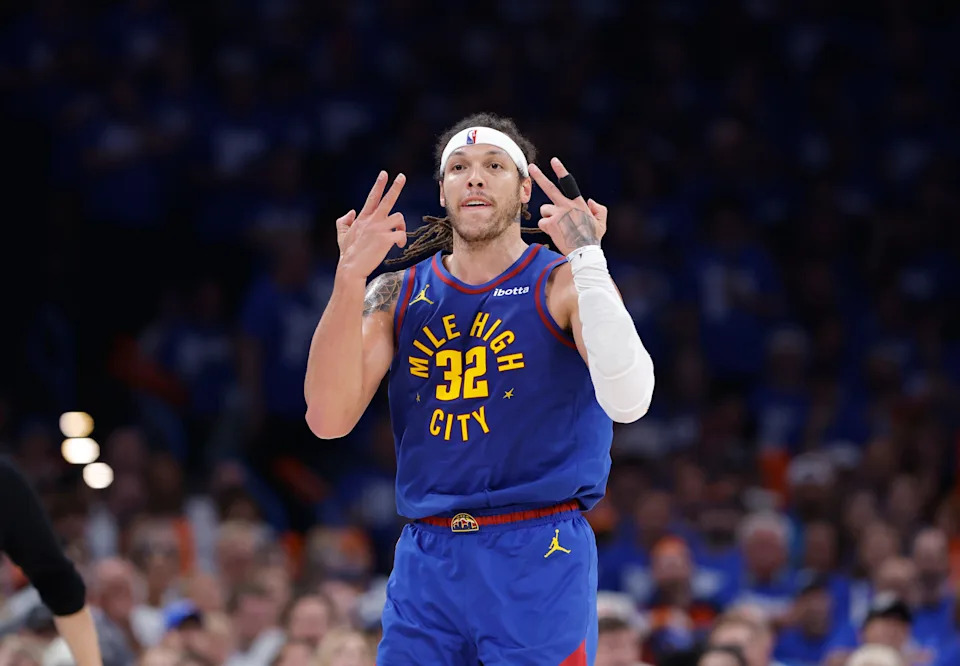 May 13, 2025; Oklahoma City, Oklahoma, USA; Denver Nuggets forward Aaron Gordon (32) gestures after scoring against the Oklahoma City Thunder during the second half of game five of the second round for the 2025 NBA Playoffs at Paycom Center. Mandatory Credit: Alonzo Adams-Imagn Images