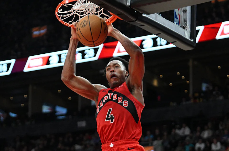 Oct 25, 2024; Toronto, Ontario, CAN; Toronto Raptors forward Scottie Barnes (4) dunks for a basket against the Philadelphia 76ers in the second half at Scotiabank Arena. Mandatory Credit: Dan Hamilton-Imagn Images