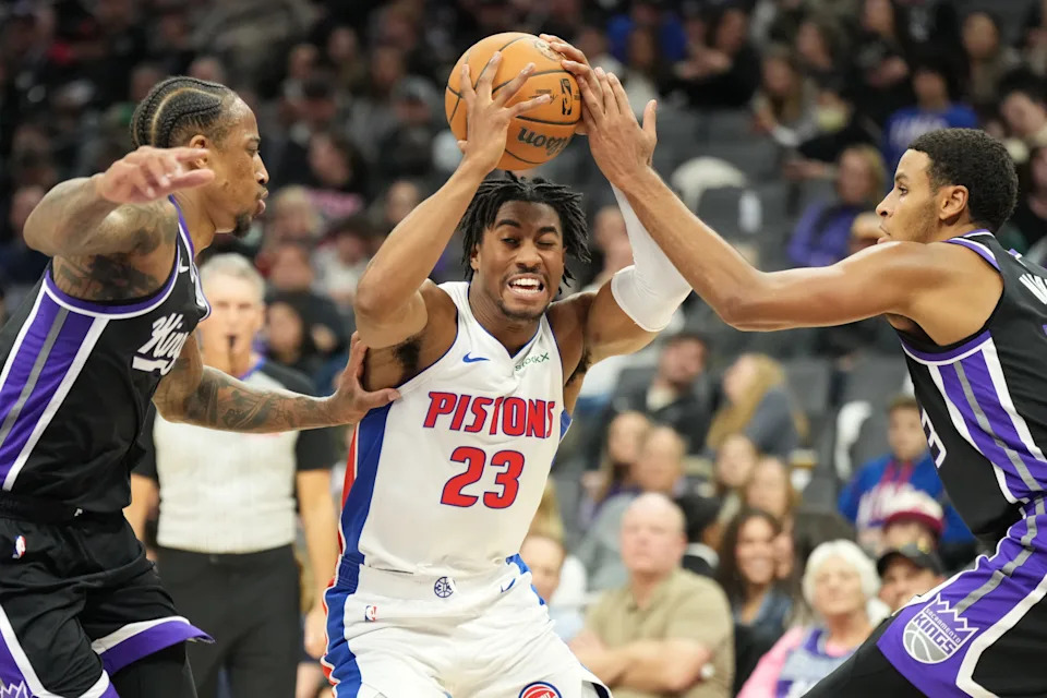 Dec 26, 2024; Sacramento, California, USA; Detroit Pistons guard Jaden Ivey (23) drives in against the Sacramento Kings during the second quarter at Golden 1 Center. Mandatory Credit: Kelley L Cox-Imagn Images