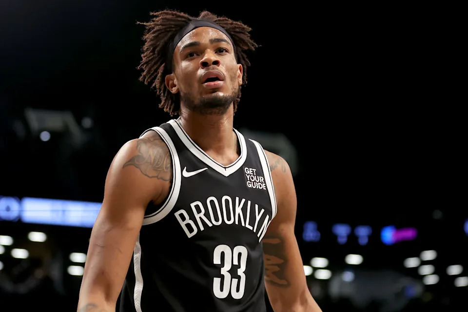 Mar 28, 2025; Brooklyn, New York, USA; Brooklyn Nets center Nic Claxton (33) reacts during the first quarter against the Los Angeles Clippers at Barclays Center. Mandatory Credit: Brad Penner-Imagn Images