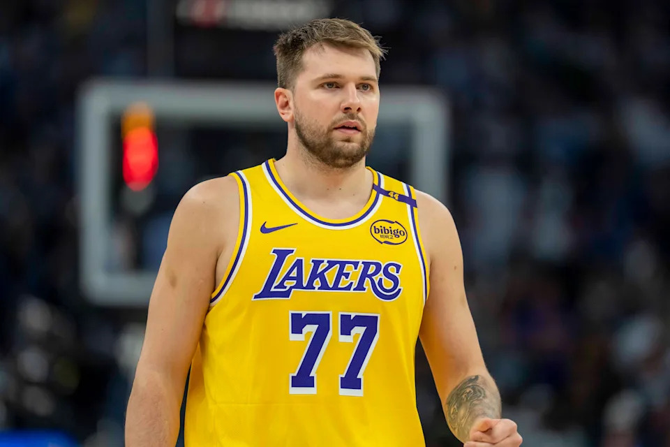 Apr 25, 2025; Minneapolis, Minnesota, USA; Los Angeles Lakers guard Luka Doncic (77) looks on against the Minnesota Timberwolves in the first half during game three of first round for the 2024 NBA Playoffs at Target Center. Mandatory Credit: Jesse Johnson-Imagn Images