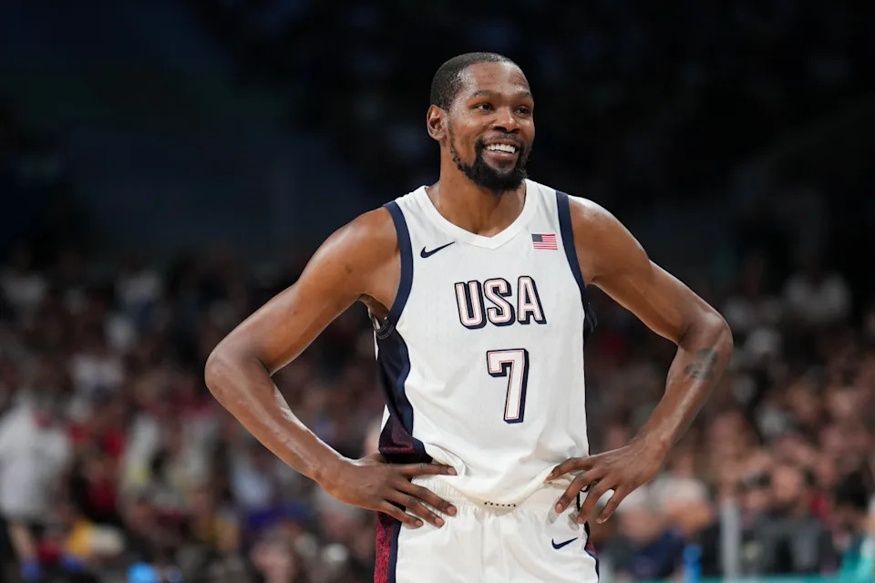 Kevin Durant #7 of the USA Men's National Team smiles during the game on July 31, 2024 at the Stade Pierre Mauroy in Paris, France.Jesse D&period; Garrabrant&sol;Getty Images