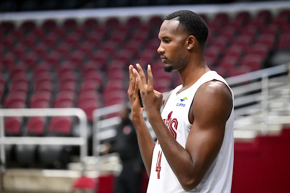 Cleveland Cavaliers forward Evan Mobley poses for a portrait during Cavaliers Media Day Sept. 29, 2025, at Rocket Arena in Cleveland.