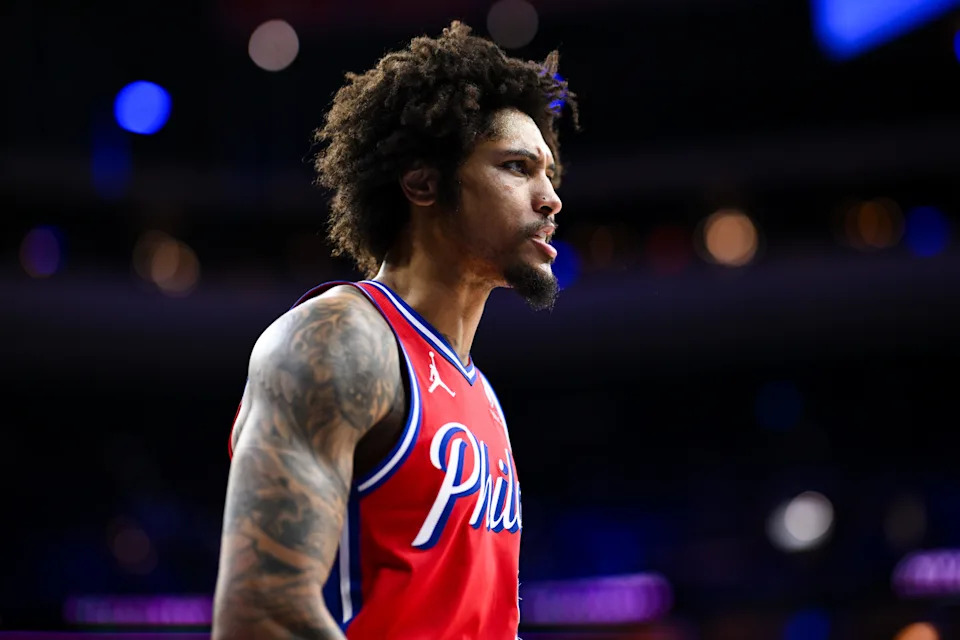 Jan 31, 2025; Philadelphia, Pennsylvania, USA; Philadelphia 76ers guard Kelly Oubre Jr (9) looks on against the Denver Nuggets in the fourth quarter at Wells Fargo Center. Mandatory Credit: Kyle Ross-Imagn Images