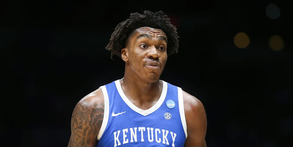 Kentucky Wildcats center Amari Williams (22) reacts to a foul call Friday, March 28, 2025, during the NCAA Tournament Sweet 16 game against the Tennessee Volunteers at Lucas Oil Stadium in Indianapolis.