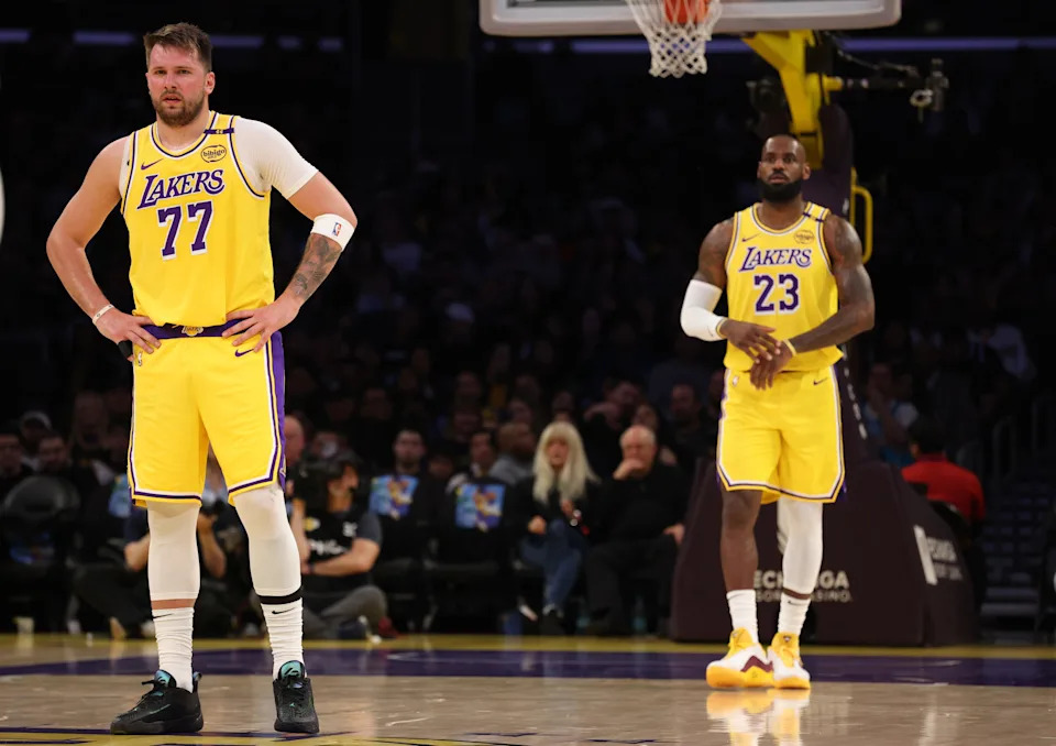 Feb. 19: Los Angeles Lakers guard Luka Doncic and forward LeBron James during the first quarter against the Charlotte Hornets.