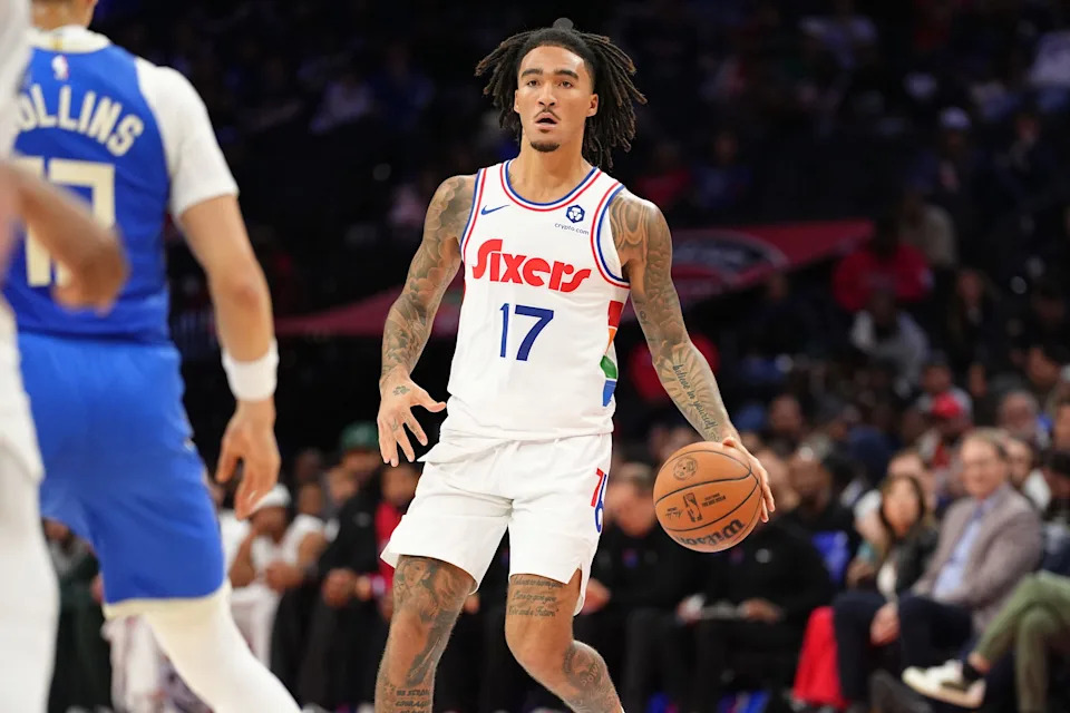 Apr 3, 2025; Philadelphia, Pennsylvania, USA; Philadelphia 76ers guard Jalen-Hood Schifino (17) controls the ball against the Milwaukee Bucks in the third quarter at Wells Fargo Center. Mandatory Credit: Kyle Ross-Imagn Images