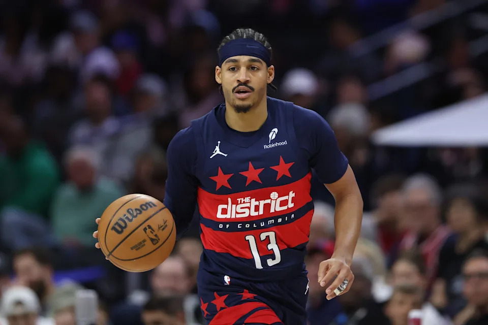 Mar 26, 2025; Philadelphia, Pennsylvania, USA; Washington Wizards guard Jordan Poole (13) dribbles the ball against the Philadelphia 76ers during the first quarter at Wells Fargo Center. Mandatory Credit: Bill Streicher-Imagn Images