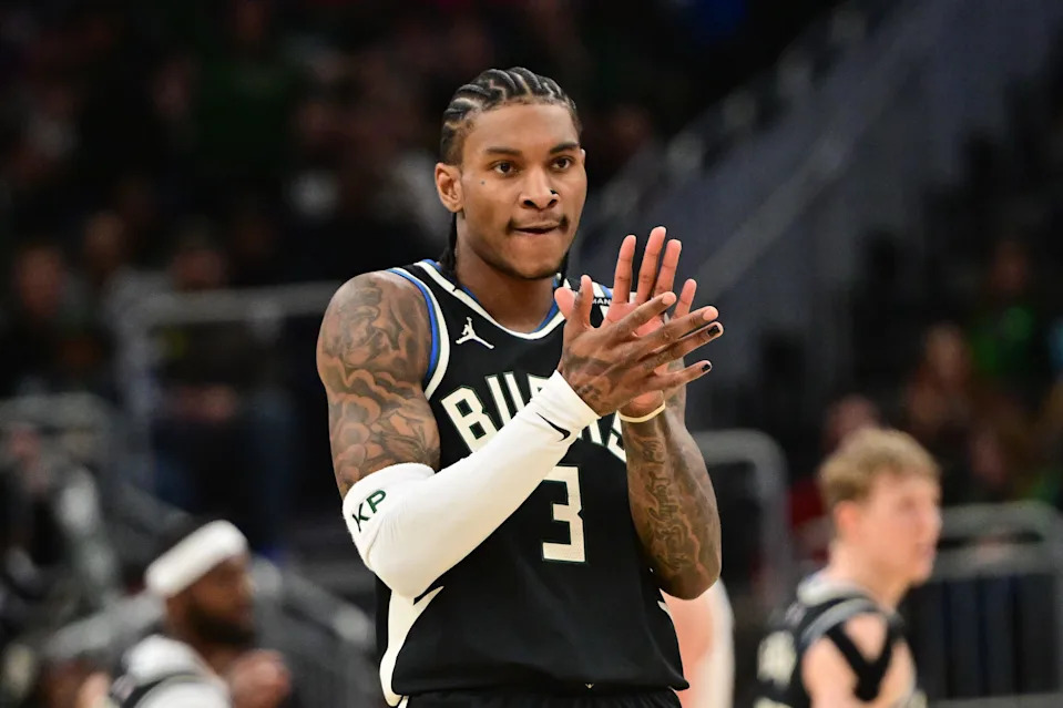 Apr 10, 2025; Milwaukee, Wisconsin, USA; Milwaukee Bucks guard Kevin Porter (3) reacts in the fourth quarter against the New Orleans Pelicans at Fiserv Forum. Mandatory Credit: Benny Sieu-Imagn Images