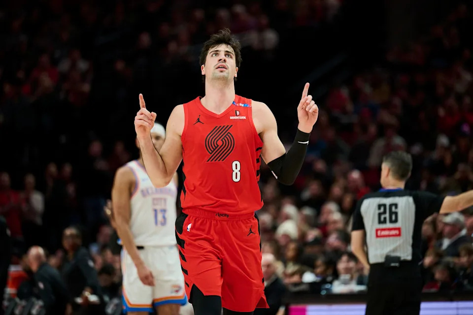 Jan 26, 2025; Portland, Oregon, USA; Portland Trail Blazers forward Deni Avdija (8) reacts after scoring a three point shot during the first half against the Oklahoma City Thunder at Moda Center. Mandatory Credit: Troy Wayrynen-Imagn Images