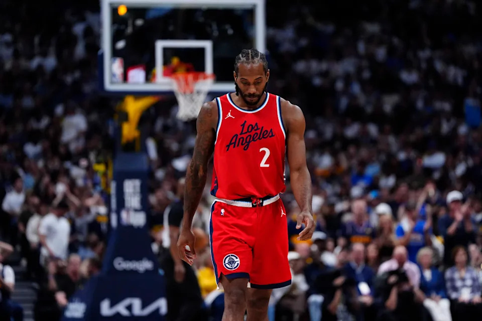 May 3, 2025; Denver, Colorado, USA; LA Clippers forward Kawhi Leonard (2) during the third quarter against the Denver Nuggets during game seven of first round for the 2025 NBA Playoffs at Ball Arena. Mandatory Credit: Ron Chenoy-Imagn Images