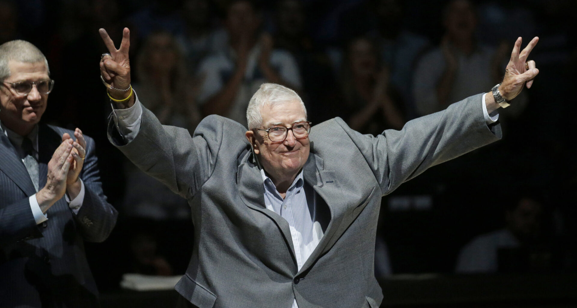 Frank Layden, former president of the Utah Jazz, is introduced during a 20-year reunion ceremony for the team that reached the 1997 NBA Finals, at halftime of the Jazz's basketball game against the New York Knicks on March 22, 2017, in Salt Lake City. AP Photo/Rick Bowmer, Pool, File