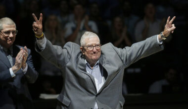 Frank Layden, former president of the Utah Jazz, is introduced during a 20-year reunion ceremony for the team that reached the 1997 NBA Finals, at halftime of the Jazz's basketball game against the New York Knicks on March 22, 2017, in Salt Lake City. AP Photo/Rick Bowmer, Pool, File