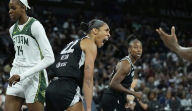 Las Vegas Aces center A'ja Wilson (22) celebrates after a play against the Seattle Storm during the second half of Game 3 in the first round of the WNBA basketball playoffs Thursday, Sept. 18, 2025, in Las Vegas. (AP Photo/John Locher)
