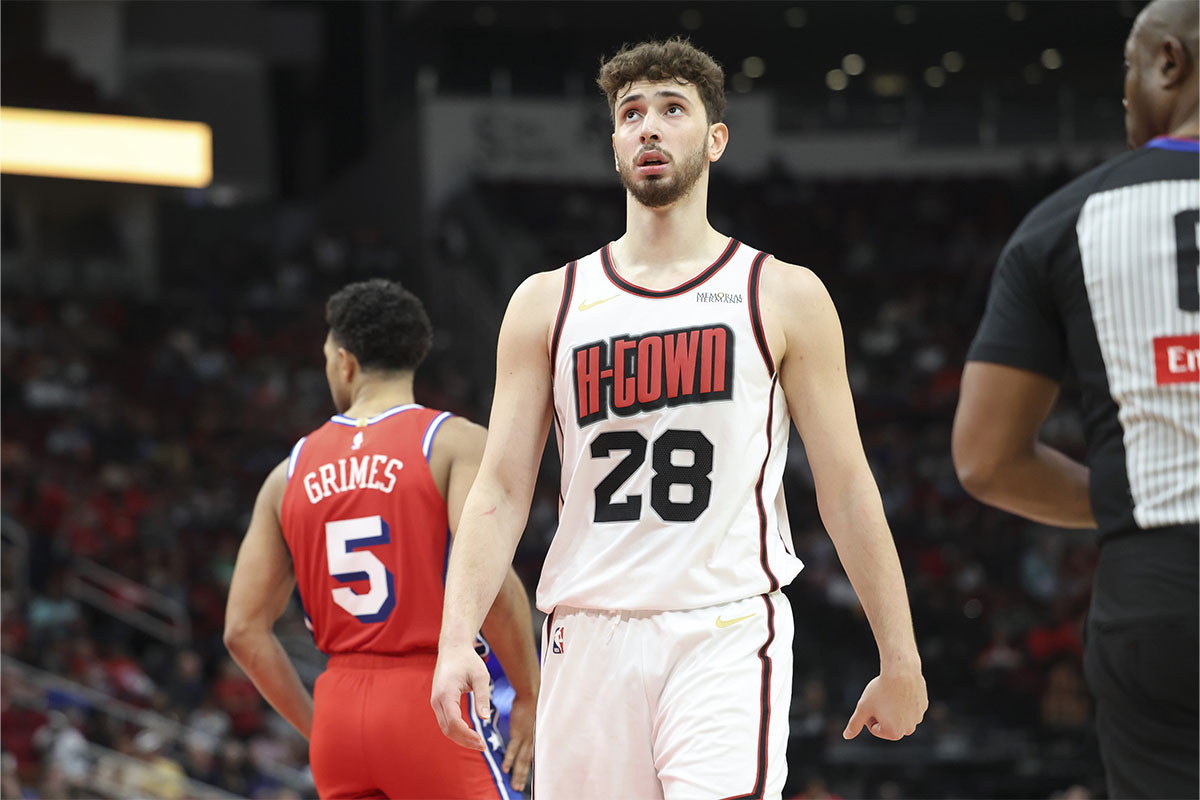 Houston Rockets center Alperen Sengun (28) reacts after a play during the second quarter against the Philadelphia 76ers at Toyota Center.