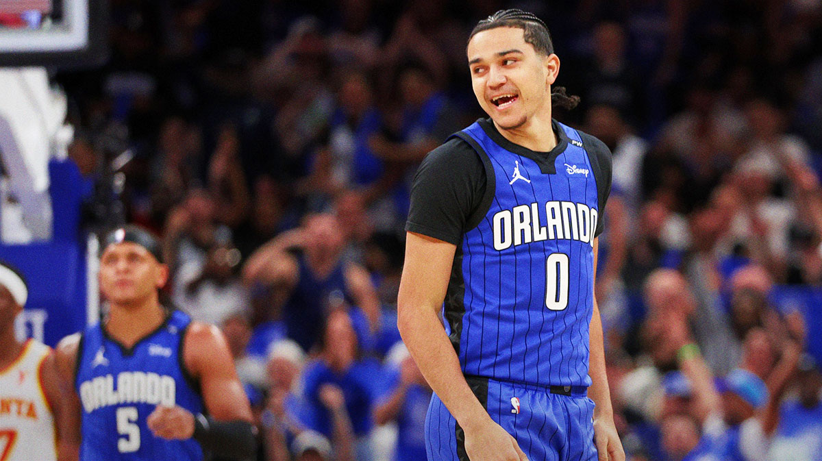Orlando Magic guard Anthony Black (0) reacts after making a basket against the Atlanta Hawks in the first quarter at Kia Center.