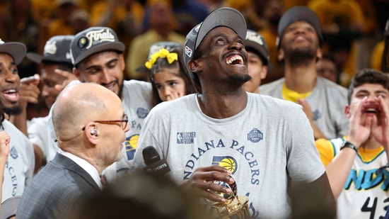 Indiana Pacers forward Pascal Siakam (43) reacts after receiving the Larry Bird MVP Trophy after game six of the eastern conference finals against the New York Knicks for the 2025 NBA Playoffs at Gainbridge Fieldhouse. (Mandatory Credit: Trevor Ruszkowski-Imagn Images)(IMAGN IMAGES via Reuters Connect)