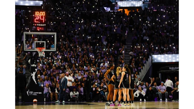 The Golden State Valkyries huddle during a time out during the third quarter at the Chase Center in San Francisco, Calif., on Friday, May 16, 2025. (Shae Hammond/Bay Area News Group)