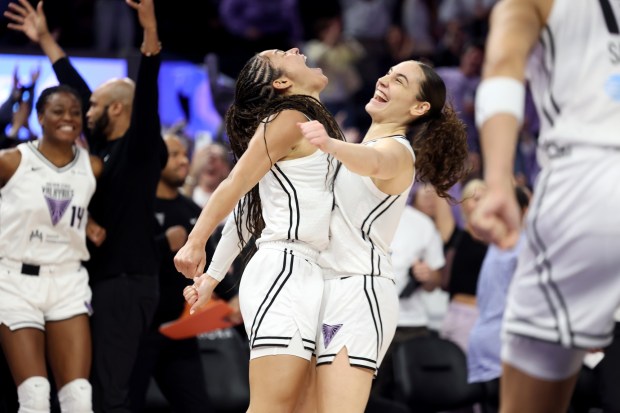 Golden State Valkyries' Veronica Burton (22) and Golden State Valkyries' Carla Leite (0) celebrate the go ahead basket against the Dallas Wings towards the end of the fourth quarter of a WNBA game at Chase Center in San Francisco, Calif., on Thursday, Sept. 4, 2025. The Golden State Valkyries clinch a spot in the playoffs after defeating the Dallas Wings 84-80. (Ray Chavez/Bay Area News Group)