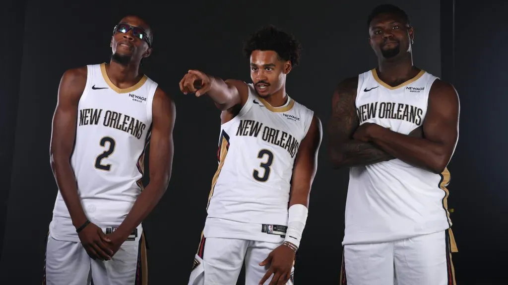 Herbert Jones, Jordan Poole and Zion Williamson during Pelicans’ media day. (Chris Graythen/Getty Images)