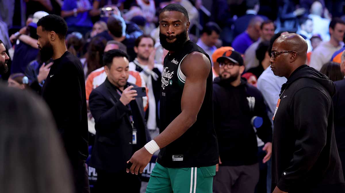 Boston Celtics guard Jaylen Brown (7) walks off the court after losing to the New York Knicks in game six in the second round of the 2025 NBA Playoffs at Madison Square Garden.