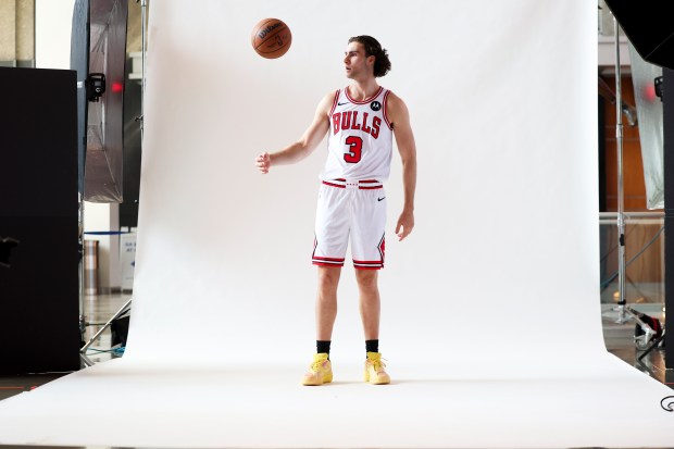 Bulls guard Josh Giddey poses for photos during media day at the United Center on Monday, Sept. 29, 2025. (Eileen T. Meslar/Chicago Tribune)