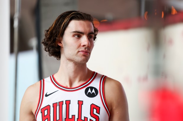 Bulls guard Josh Giddey poses for photos during media day at the United Center on Monday, Sept. 29, 2025. (Eileen T. Meslar/Chicago Tribune)