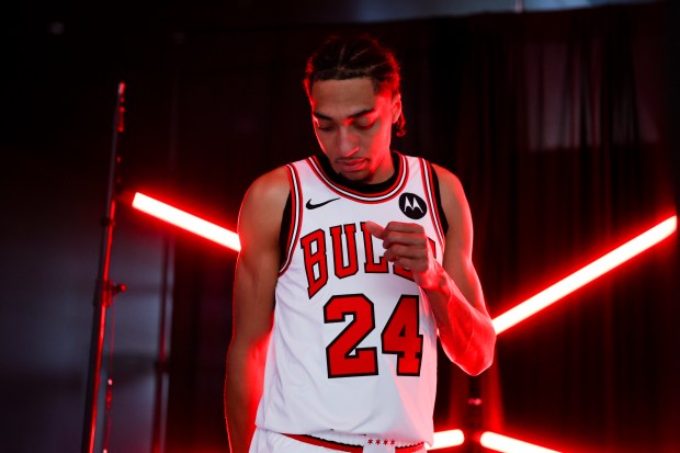 Bulls forward Noa Essengue prepares to pose for photos during media day at the United Center on Monday, Sept. 29, 2025. (Eileen T. Meslar/Chicago Tribune)