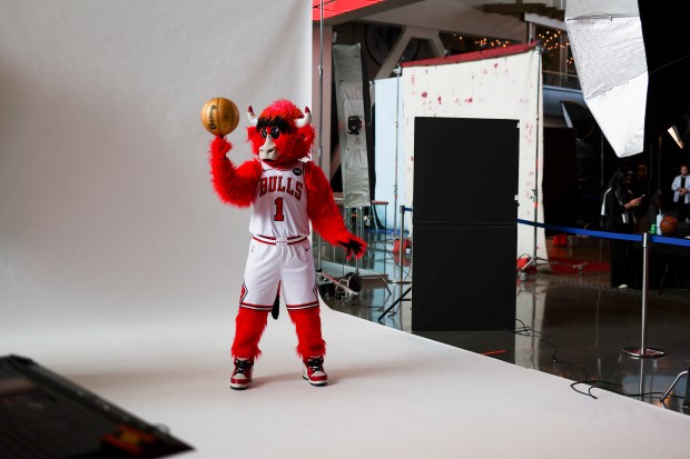 Benny the Bull poses for photos during media day at the United Center on Monday, Sept. 29, 2025. (Eileen T. Meslar/Chicago Tribune)