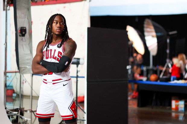 Bulls guard Ayo Dosunmu poses for photos during media day at the United Center on Monday, Sept. 29, 2025. (Eileen T. Meslar/Chicago Tribune)