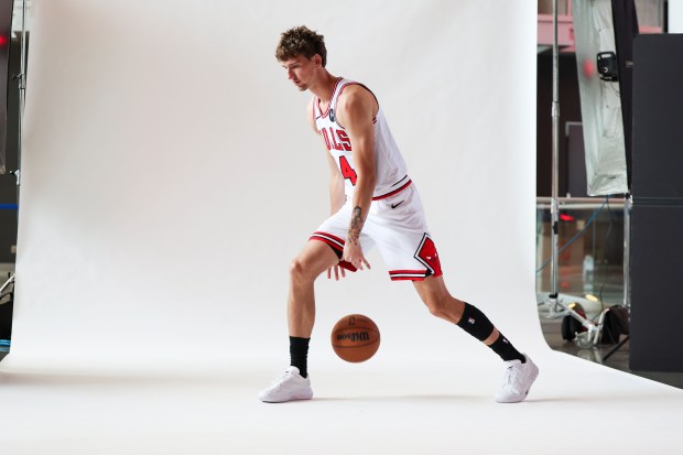 Bulls forward Matas Buzelis poses for photos during media day at the United Center on Monday, Sept. 29, 2025. (Eileen T. Meslar/Chicago Tribune)