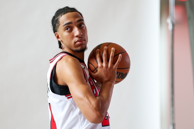 Bulls forward Noa Essengue poses for photos during media day at the United Center on Monday, Sept. 29, 2025. (Eileen T. Meslar/Chicago Tribune)