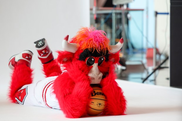 Benny the Bull poses for photos during media day at the United Center on Monday, Sept. 29, 2025. (Eileen T. Meslar/Chicago Tribune)