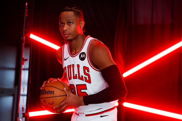 Bulls forward Isaac Okoro poses for photos during media day at the United Center on Monday, Sept. 29, 2025. (Eileen T. Meslar/Chicago Tribune)