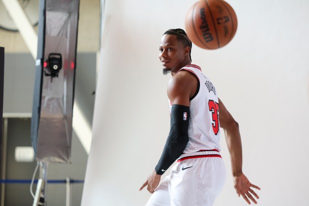 Bulls forward Isaac Okoro poses for photos during media day at the United Center on Monday, Sept. 29, 2025. (Eileen T. Meslar/Chicago Tribune)