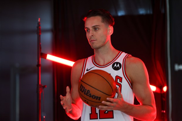 Bulls forward Zach Collins poses for photos during media day at the United Center on Monday, Sept. 29, 2025. (Eileen T. Meslar/Chicago Tribune)