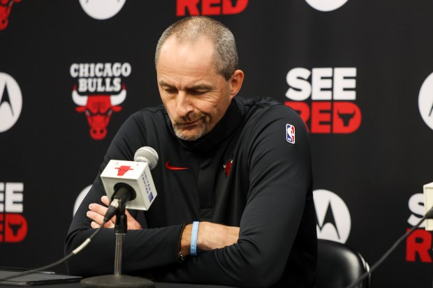Bulls executive vice president of basketball operations Artūras Karnišovas answers questions at a news conference during media day at the United Center on Monday, Sept. 29, 2025. (Eileen T. Meslar/Chicago Tribune)
