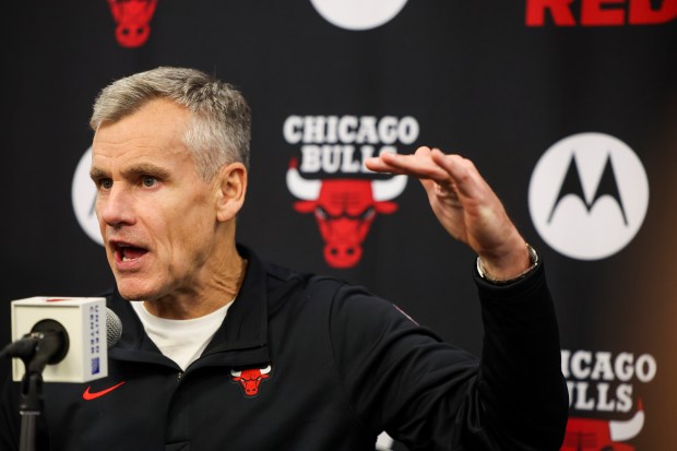 Bulls coach Billy Donovan answers questions at a news conference during media day at the United Center on Monday, Sept. 29, 2025. (Eileen T. Meslar/Chicago Tribune)