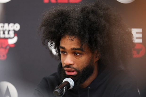 Bulls guard Coby White answers questions during an end-of-season news conference at the Advocate Center on April 17, 2025. (Eileen T. Meslar/Chicago Tribune)
