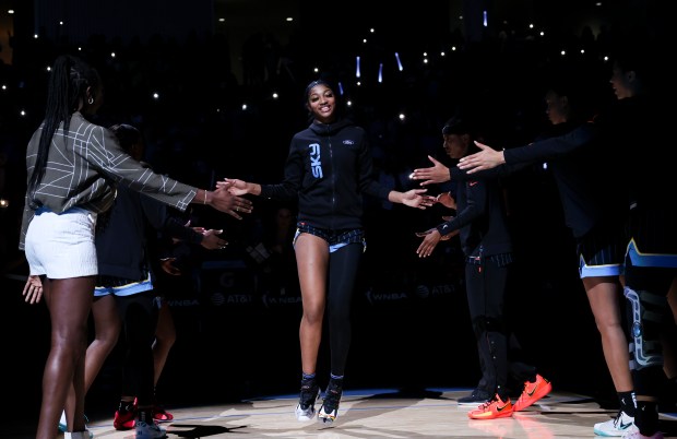 Chicago Sky forward Angel Reese is announced before the game...