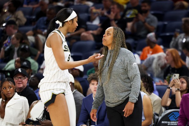 Chicago Sky Head Coach Teresa Weatherspoon speaks to Chicago Sky...