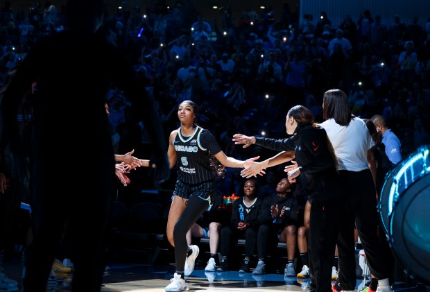 Chicago Sky forward Angel Reese is announced before the game...