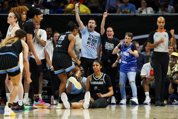 Chicago Sky forward Angel Reese gets fouled after scoring during...
