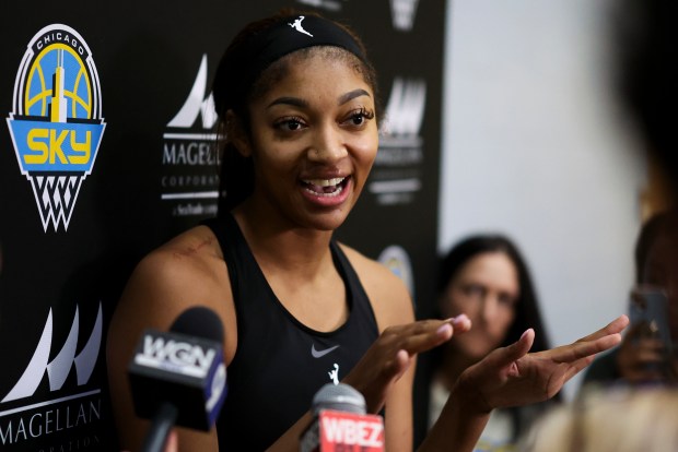 Chicago Sky player Angel Reese answers media questions after the...