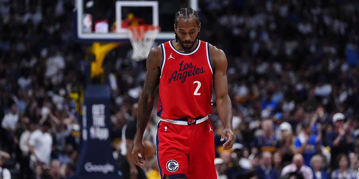 Clippers forward Kawhi Leonard (2) during the third quarter against the Denver Nuggets during game seven of first round for the 2025 NBA Playoffs at Ball Arena with Channing Frye and Pablo Torre in the background