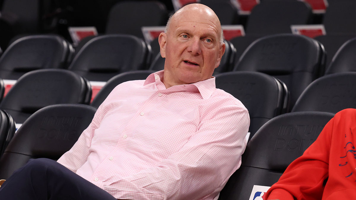 Clippers owner Steve Ballmer sits courtside before the game against the Dallas Mavericks at Intuit Dome