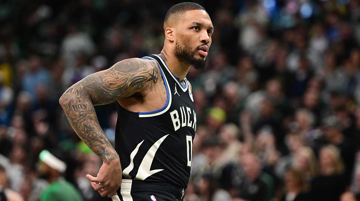 Milwaukee Bucks guard Damian Lillard (0) looks on in the first quarter during game four against the Indiana Pacers of first round for the 2024 NBA Playoffs at Fiserv Forum. Lillard left the game early in the in the first quarter with an injury.