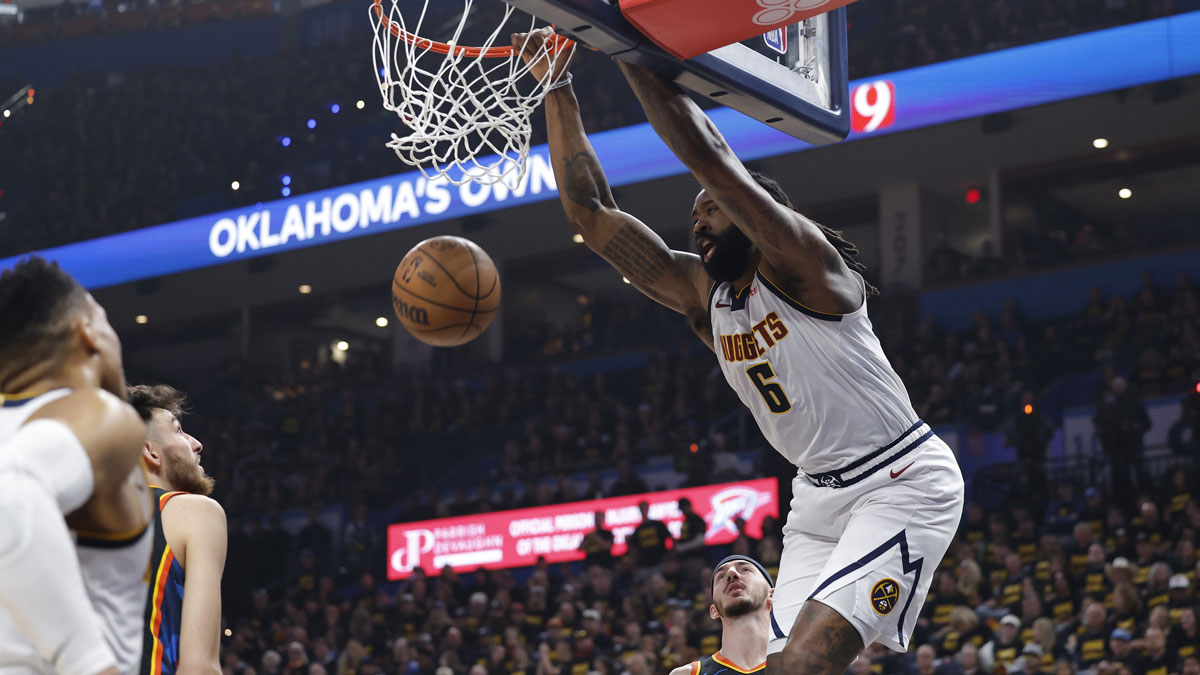 Denver Nuggets center DeAndre Jordan (6) dunks against the Oklahoma City Thunder in the second quarter during game two of the second round for the 2025 NBA Playoffs at Paycom Center. 