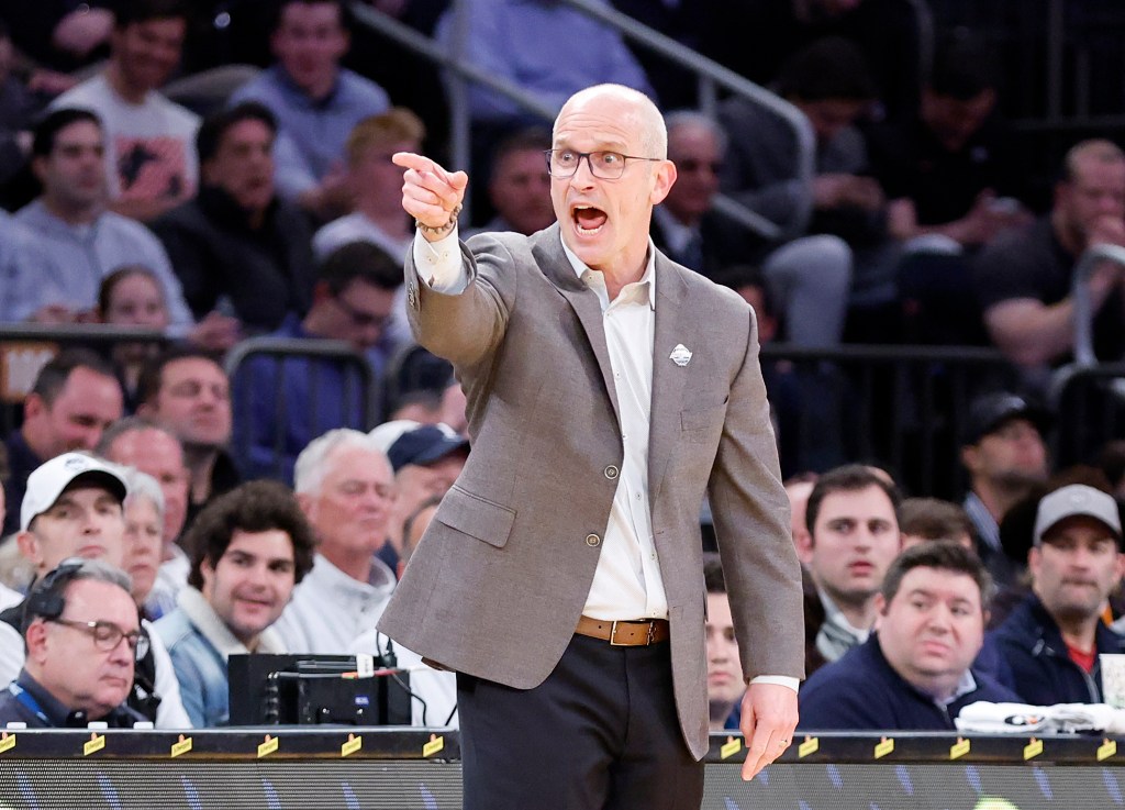 Dan Hurley head coach of the Connecticut Huskies reacts on the sideline in the first half at Madison Square Garden in New York, New York, USA, Thursday, March 13, 2025. 