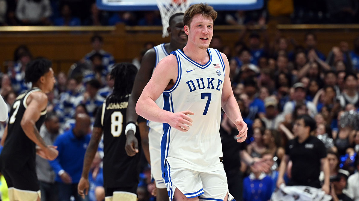 Duke Blue Devils forward Kon Knueppel (7) reacts during the second half against the Wake Forest Demon Deacons at Cameron Indoor Stadium. The Blue Devils won 93-60.